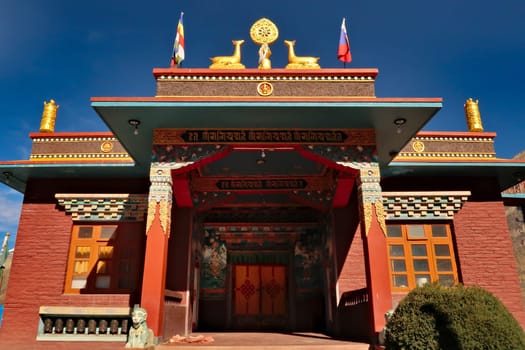 The front facade, entrance of the Tsechen Kunga Choeling Gompa, a buddhist temple in the town of Muktinath, Annapurna Circuit Trek, Nepal 2022