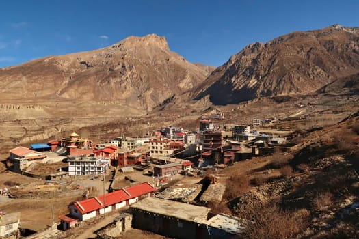 View onto the town of Muktinath, a place of pilgrimage in Buddhism and Hinduism, Annapurna Circuit Trek, Nepal 2022
