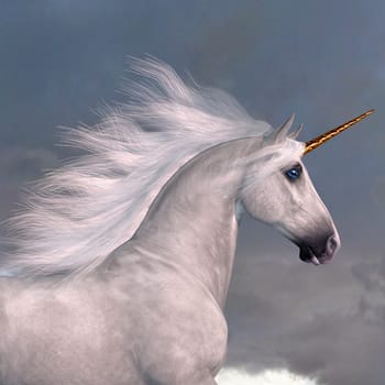 A Unicorn is a mythical creature that has a white coat, cloven hooves and golden forehead horn.