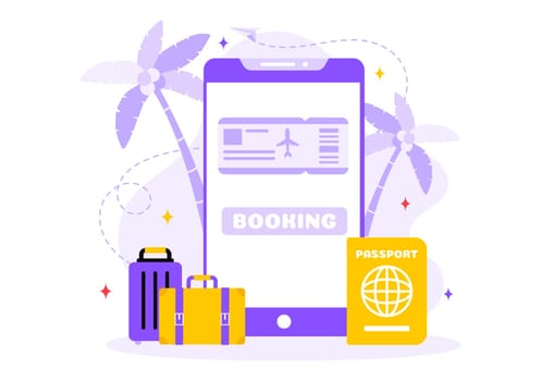 Online Travel Ticket Vector Illustration Through a Transportation and Journey Provider App for Booking in a Flat Style Cartoon Background