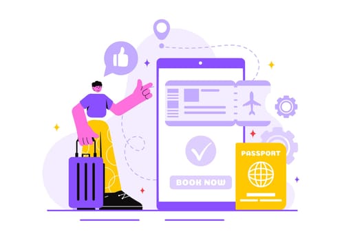 Online Travel Ticket Vector Illustration Through a Transportation and Journey Provider App for Booking in a Flat Style Cartoon Background