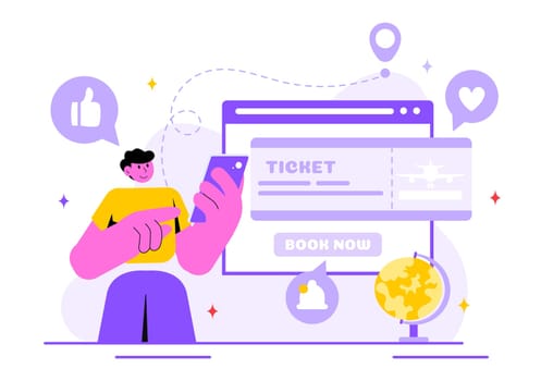 Online Travel Ticket Vector Illustration Through a Transportation and Journey Provider App for Booking in a Flat Style Cartoon Background