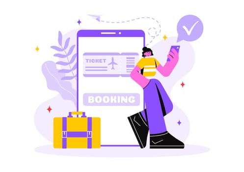Online Travel Ticket Vector Illustration Through a Transportation and Journey Provider App for Booking in a Flat Style Cartoon Background