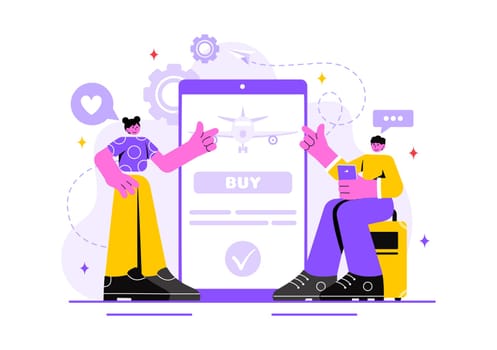 Online Travel Ticket Vector Illustration Through a Transportation and Journey Provider App for Booking in a Flat Style Cartoon Background