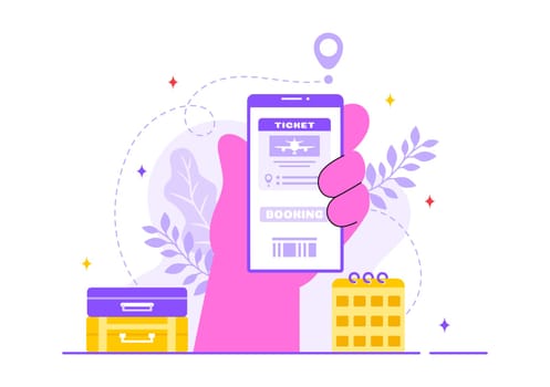 Online Travel Ticket Vector Illustration Through a Transportation and Journey Provider App for Booking in a Flat Style Cartoon Background