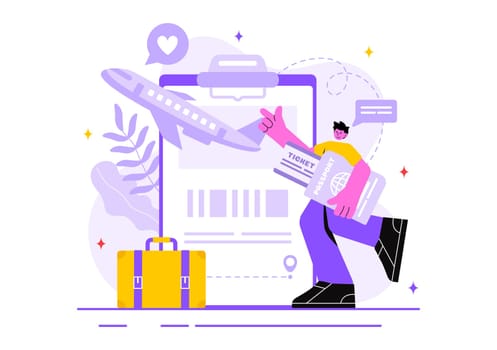 Online Travel Ticket Vector Illustration Through a Transportation and Journey Provider App for Booking in a Flat Style Cartoon Background