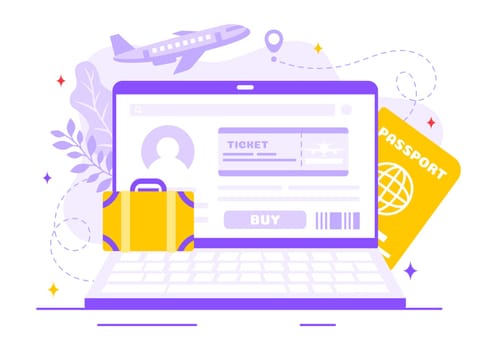 Online Travel Ticket Vector Illustration Through a Transportation and Journey Provider App for Booking in a Flat Style Cartoon Background