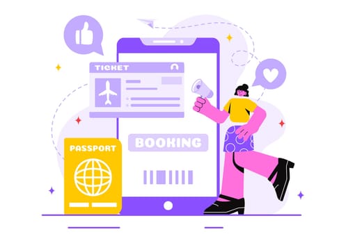 Online Travel Ticket Vector Illustration Through a Transportation and Journey Provider App for Booking in a Flat Style Cartoon Background