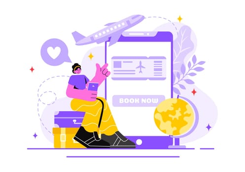 Online Travel Ticket Vector Illustration Through a Transportation and Journey Provider App for Booking in a Flat Style Cartoon Background