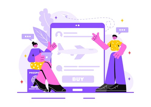 Online Travel Ticket Vector Illustration Through a Transportation and Journey Provider App for Booking in a Flat Style Cartoon Background