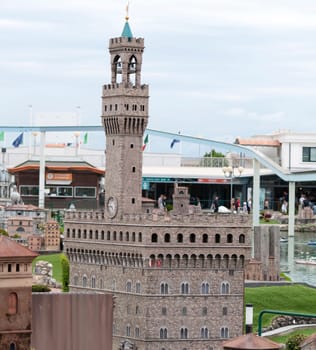 Viserba, Italy - June 25, 2024: The Palazzo Vecchio Florence at Theme park Italy in Miniature or Italia in Miniatura in Rimini, Italy