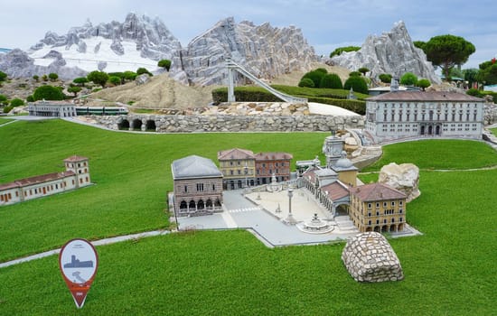 Viserba, Italy - June 25, 2024: Udine at Theme park Italy in Miniature or Italia in Miniatura in Rimini, Italy - Reproduction of famous attractions in a small scale