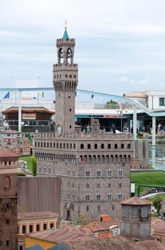 Viserba, Italy - June 25, 2024: The Palazzo Vecchio Florence at Theme park Italy in Miniature or Italia in Miniatura in Rimini, Italy
