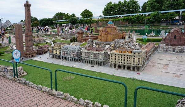 Viserba, Italy - June 25, 2024: Bologna at Theme park Italy in Miniature or Italia in Miniatura in Rimini, Italy - Reproduction of famous attractions in a small scale