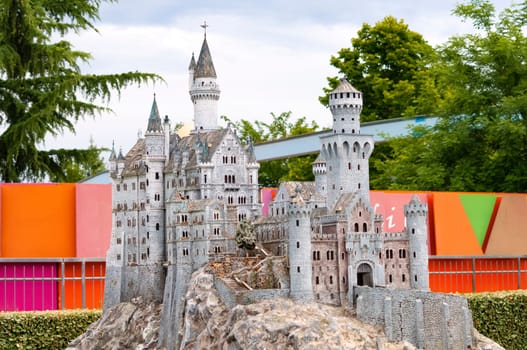 Viserba, Italy - June 25, 2024: Neuschwanstein castle at Theme park Italy in Miniature or Italia in Miniatura in Rimini, Italy - Reproduction of famous attractions in a small scale