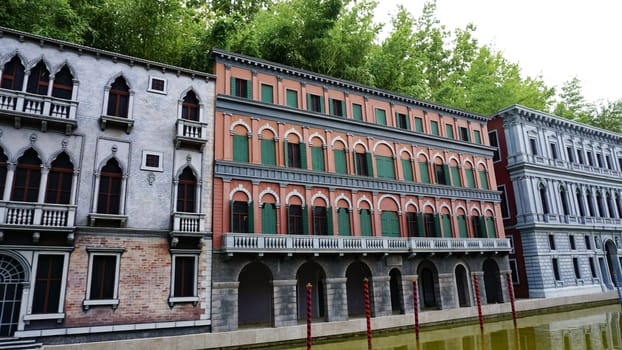 Viserba, Italy - June 25, 2024: Grand Canal at Theme park Italy in Miniature or Italia in Miniatura in Rimini, Italy - Reproduction of famous attractions in a small scale