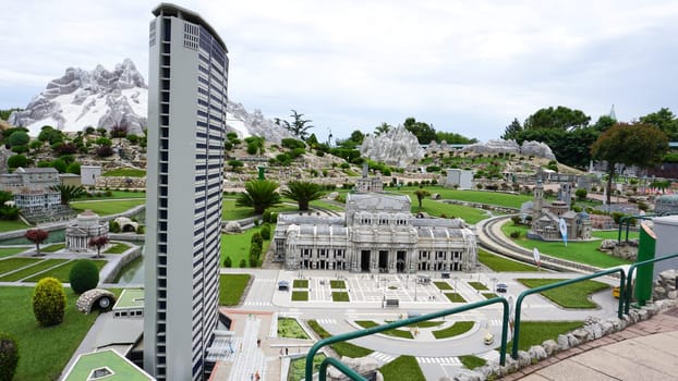 Viserba, Italy - June 25, 2024: Milan Central Station at Theme park Italy in Miniature or Italia in Miniatura in Rimini, Italy - Reproduction of famous attractions in a small scale