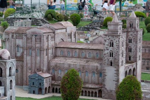 Viserba, Italy - June 25, 2024: Duomo di Monreale or Santa Maria Nuova at Theme park Italy in Miniature or Italia in Miniatura in Rimini, Italy - Reproduction of famous attractions in a small scale