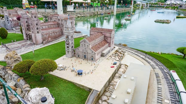 Viserba, Italy - June 25, 2024: Duomo di Monreale or Santa Maria Nuova at Theme park Italy in Miniature or Italia in Miniatura in Rimini, Italy - Reproduction of famous attractions in a small scale