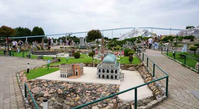 Viserba, Italy - June 25, 2024: People going at Theme park Italy in Miniature or Italia in Miniatura in Rimini, Italy - Reproduction of famous attractions in a small scale