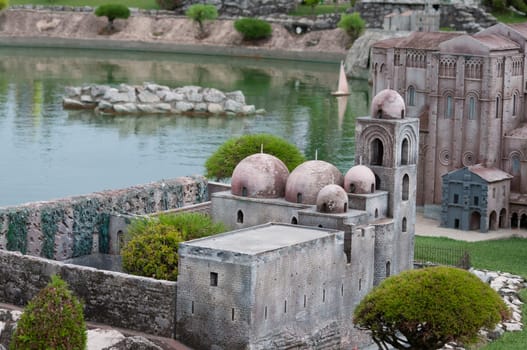 Viserba, Italy - June 25, 2024: Duomo di Monreale or Santa Maria Nuova at Theme park Italy in Miniature or Italia in Miniatura in Rimini, Italy - Reproduction of famous attractions in a small scale