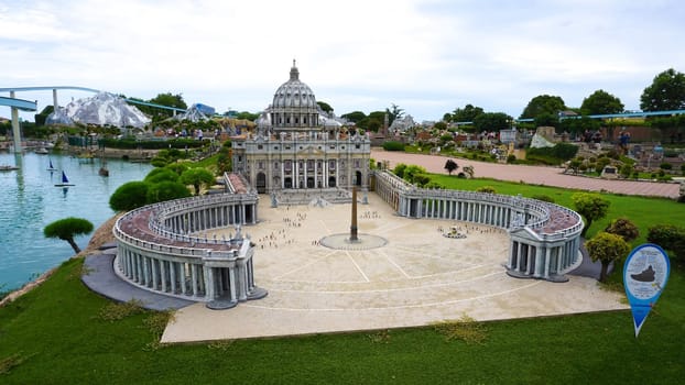 Viserba, Italy - June 25, 2024: St. Peters Basilica in the Vatican at Theme park Italy in Miniature or Italia in Miniatura in Rimini, Italy - Reproduction of famous attractions in a small scale