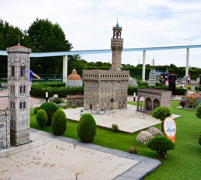 Viserba, Italy - June 25, 2024: The Palazzo Vecchio Florence at Theme park Italy in Miniature or Italia in Miniatura in Rimini, Italy
