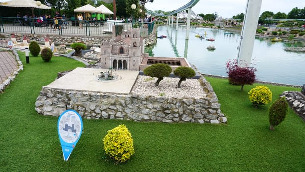 Viserba, Italy - June 25, 2024: Duomo di Monreale or Santa Maria Nuova at Theme park Italy in Miniature or Italia in Miniatura in Rimini, Italy - Reproduction of famous attractions in a small scale