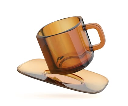 Empty brown glass coffee cup with a saucer on a white background