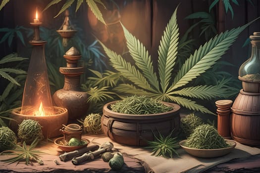 Various cannabis products for traditional medicine. Medicinal marijuana in a retro pharmacy.
