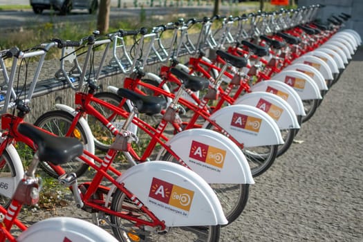 Antwerp, Belgium, July 21st 2024: View on Antwerp Velo shared city bikes
