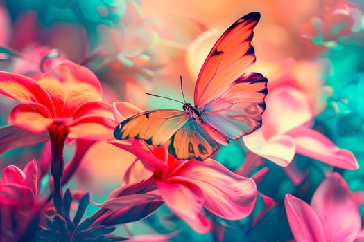 Close-up of butterfly sitting on blossoming summer flowers. AI generated