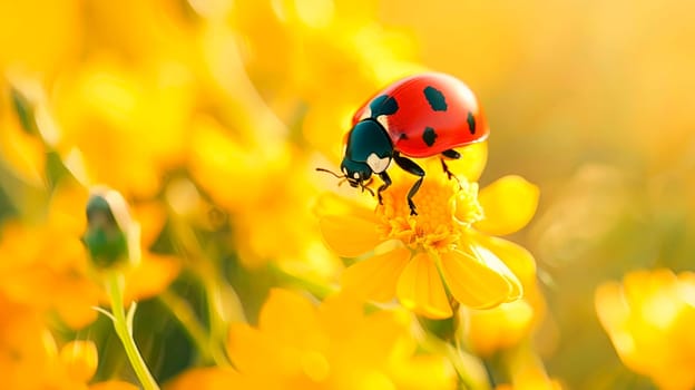Close-up of ladybird sitting on blossoming summer flowers. AI generated