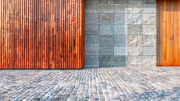 Exterior of modern house with decorative wooden panels on wall and cobblestone path. AI generated