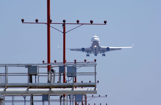 Transport - Commercial airliner coming into land above runway lights.