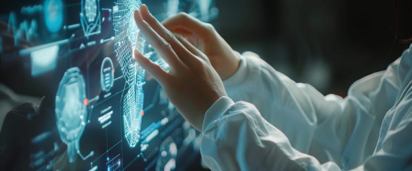 Scientist is analyzing a 3d projection of a human body on a futuristic glass touch screen interface
