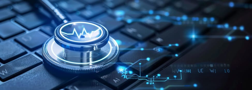 Stethoscope lying on laptop keyboard showing heartbeat rate line showing concept of telehealth and online medical consultation