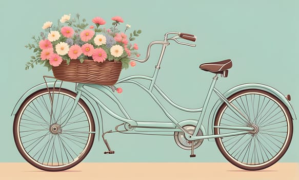 A vintage green bicycle with a brown wicker basket filled with pink, white, and purple flowers sits on a light blue background. The bicycle has brown handlebars, a brown saddle, and brown tires.