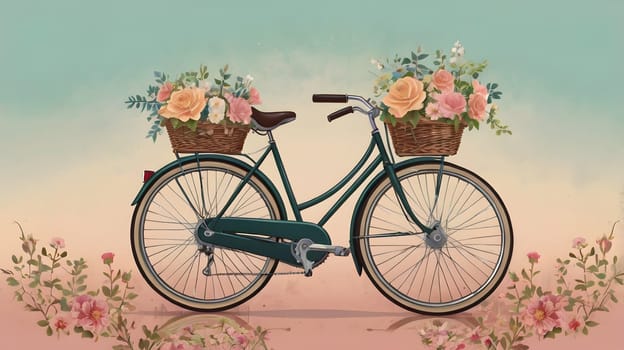 A vintage green bicycle with wicker baskets filled with pink and orange roses stands in a pink floral field, the sky behind is a soft blue with a subtle pink gradient.