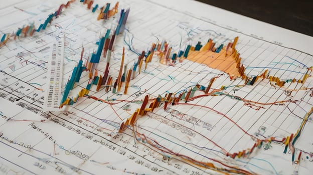 A colorful 3D bar graph is displayed on a white, gridded paper. The graph has several bars, each a different color, and is positioned at an angle on the paper.
