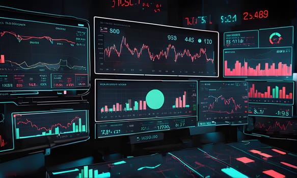 Several computer screens display various charts and numerical data related to the stock market. The screens are dark with vibrant red and blue-green colors.