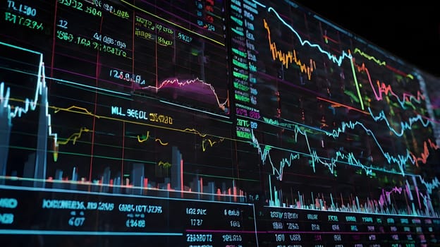 A large computer monitor displays a variety of colorful data graphs and charts. The information includes stock prices, volume, and other market indicators.