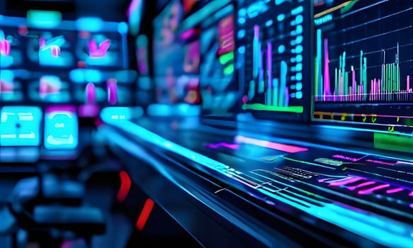 A close-up view of several computer monitors displaying stock market data. The screens are illuminated with neon blue and green lights, creating a vibrant and futuristic atmosphere. The monitors show various charts and graphs, possibly illustrating market trends and fluctuations.
