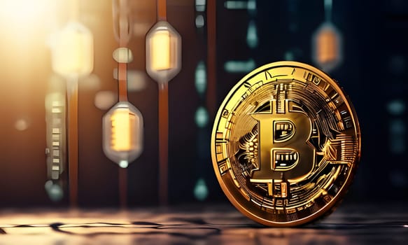 A single, golden Bitcoin coin sits on a wooden surface. The background is blurry and features a blue and green digital pattern.
