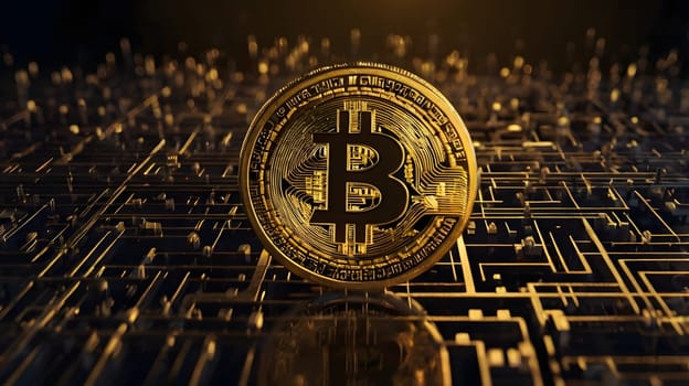 A golden Bitcoin coin rests on a detailed, intricate circuit board, representing the digital and technological nature of cryptocurrency. The coin is illuminated by a soft light, highlighting its intricate design and the complexity of the underlying technology.
