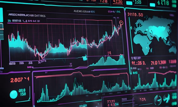 A close-up shot of a digital screen displaying various financial data, including a line graph, a world map, and various numerical values. The screen is lit up in bright colors, creating a visually striking image.