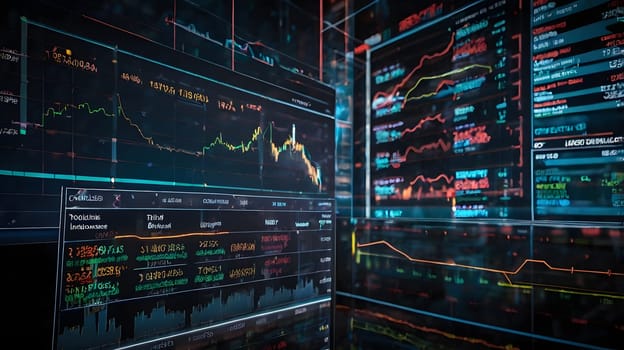 A close-up shot of several digital screens displaying stock market data, including line graphs, numbers, and other financial indicators. The screens are lit up in various colors, creating a dynamic and colorful image.