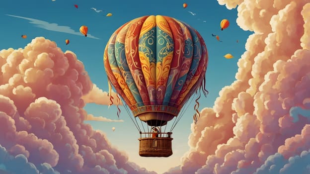 A vibrant hot air balloon with intricate patterns floats effortlessly through a bright blue sky filled with fluffy, pastel-colored clouds. The balloon is attached to a wicker basket with a single person visible inside. Smaller hot air balloons are seen in the distance, adding to the whimsical atmosphere.