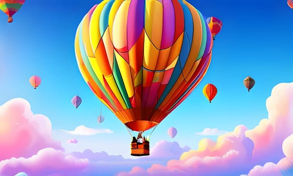 A large, colorful hot air balloon floats above fluffy clouds on a sunny day. Other hot air balloons can be seen in the distance, as well as some birds flying through the sky. The image is taken from below the balloon, looking up at the sky.