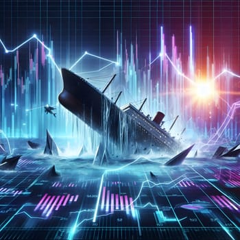 An ocean liner sinks beneath the waves, its bow pointing upwards, as it is engulfed by water. The background is a chaotic display of financial charts, with lines and bars flashing in vibrant neon colors. The ship's sinking is a metaphor for the volatility and risk associated with the financial markets.